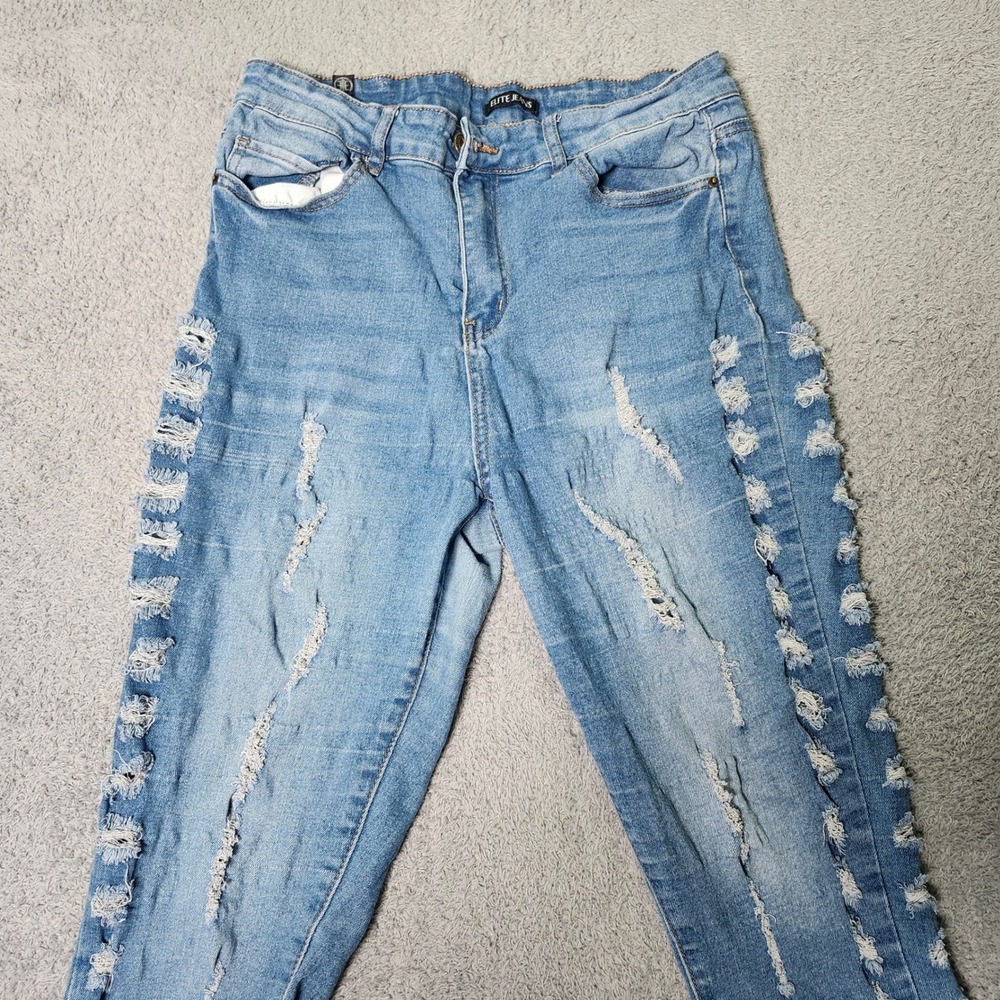 Elite Jeans Womens 15/32 Skinny Jeans Blue Medium Wash Shredded Distressed Side